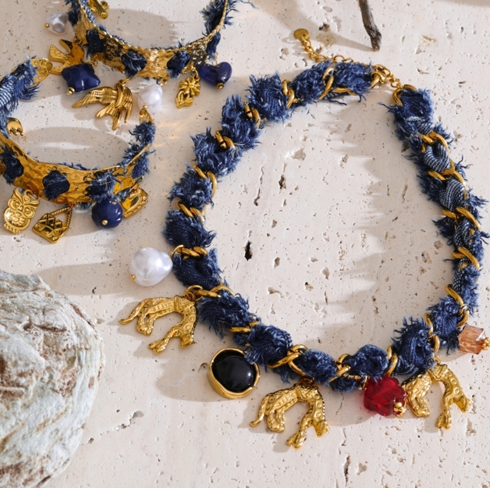 New! Denim Leopard Charm Necklace 18k Gold Plated | NWOT - Picture 3 of 8
